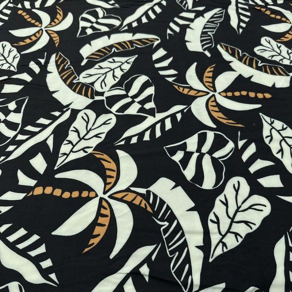 Tecido Viscose Estampada Folhagem Tropical Fundo Preto • Luema Tecidos