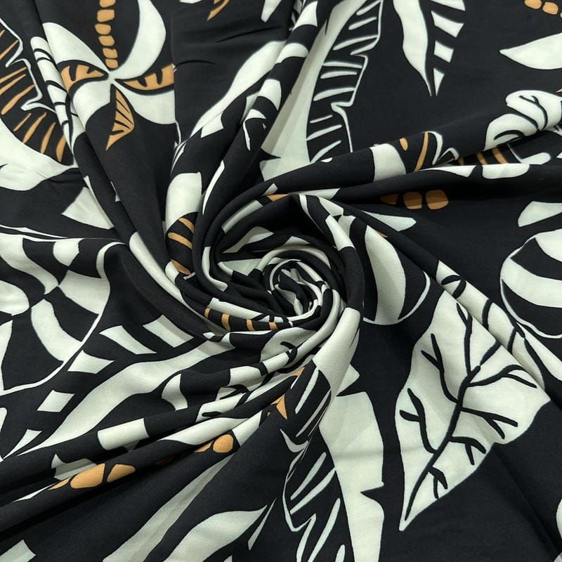 Tecido Viscose Estampada Folhagem Tropical Fundo Preto • Luema Tecidos