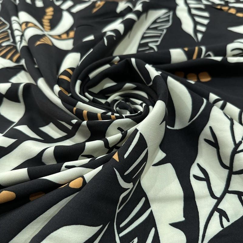 Tecido Viscose Estampada Folhagem Tropical Fundo Preto • Luema Tecidos