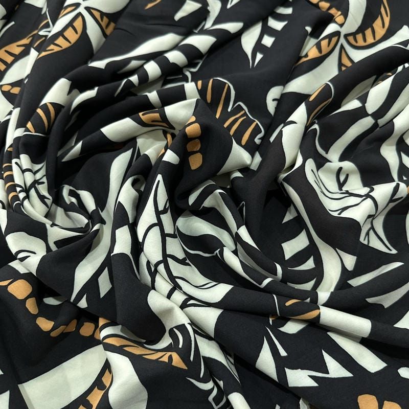 Tecido Viscose Estampada Folhagem Tropical Fundo Preto • Luema Tecidos