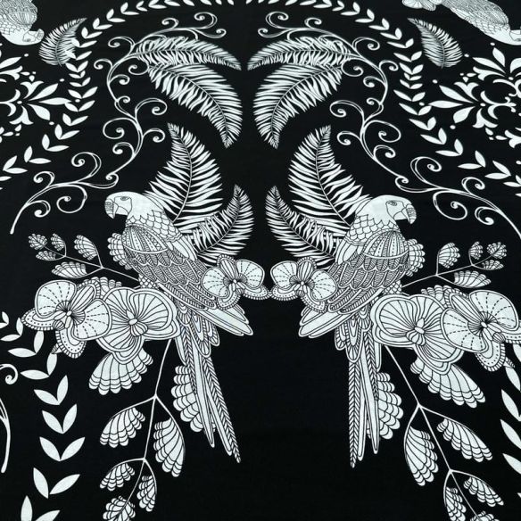 Tecido Viscose Estampada Araras e Folhagens Fundo Preto • Luema Tecidos