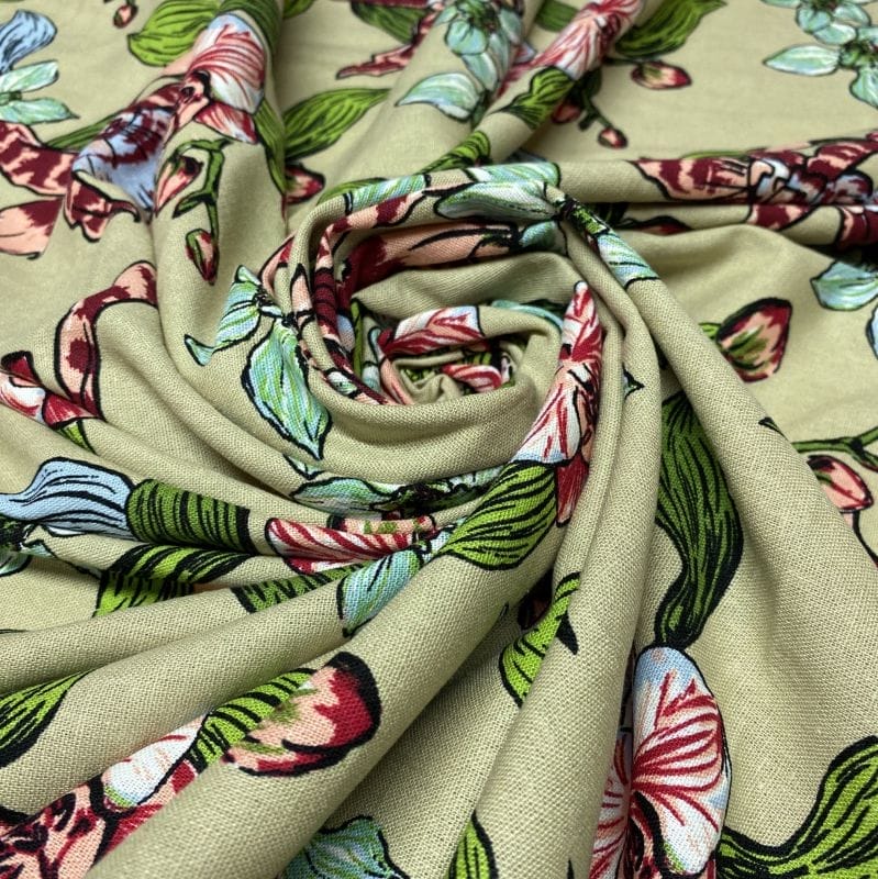 Linho Misto Floral Fundo Bege • Luema Tecidos