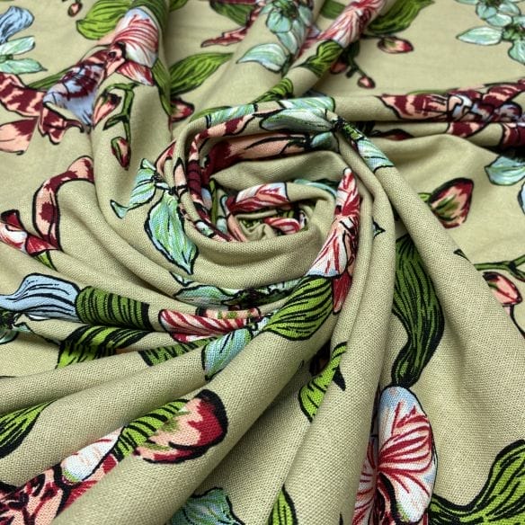 Linho Misto Floral Fundo Bege • Luema Tecidos