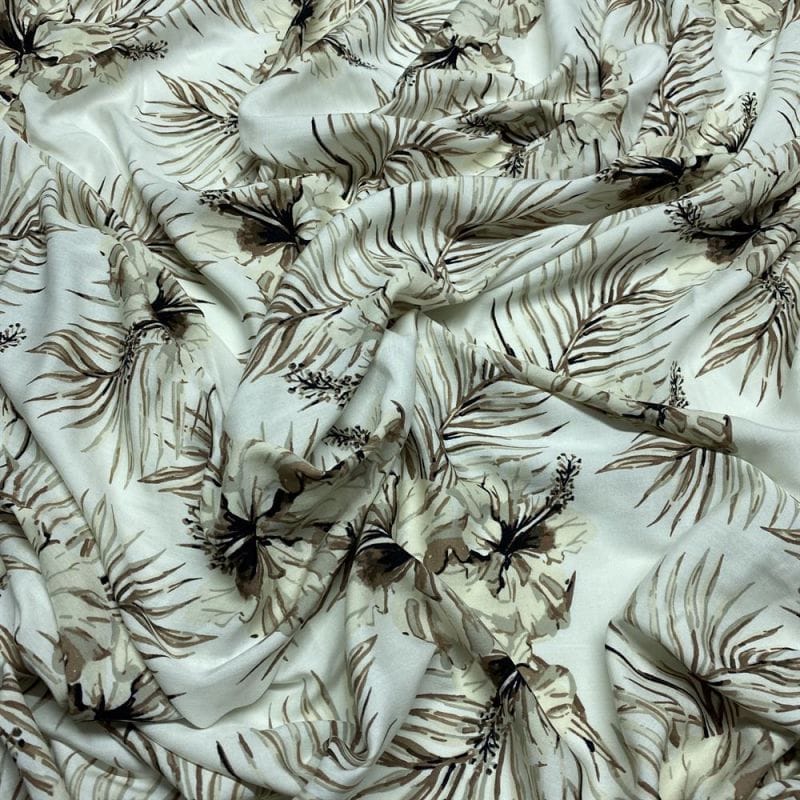 Viscose Estampada Folhagens Bege • Luema Tecidos