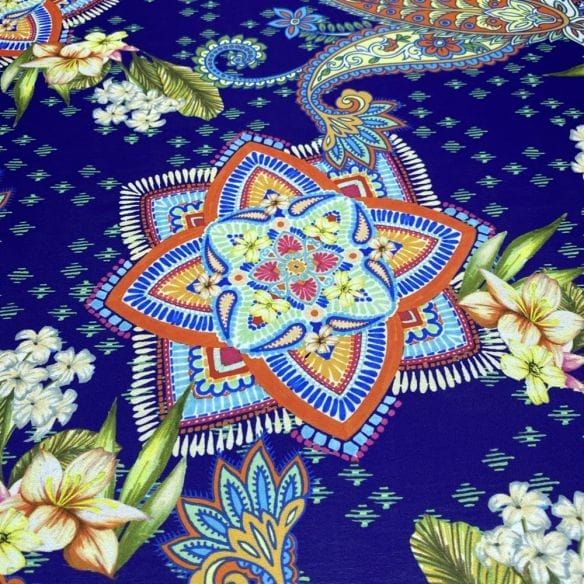 Cetim Toque de Seda Estampado Arabesco Azul • Luema Tecidos