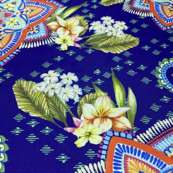 Cetim Toque de Seda Estampado Arabesco Azul • Luema Tecidos