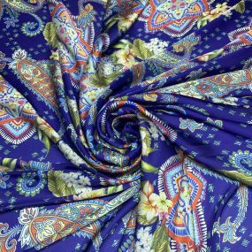 Cetim Toque de Seda Estampado Arabesco Azul • Luema Tecidos