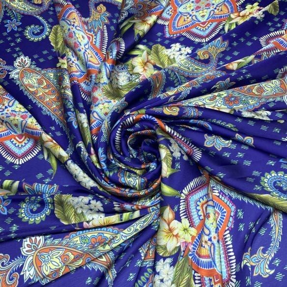 Cetim Toque de Seda Estampado Arabesco Azul • Luema Tecidos