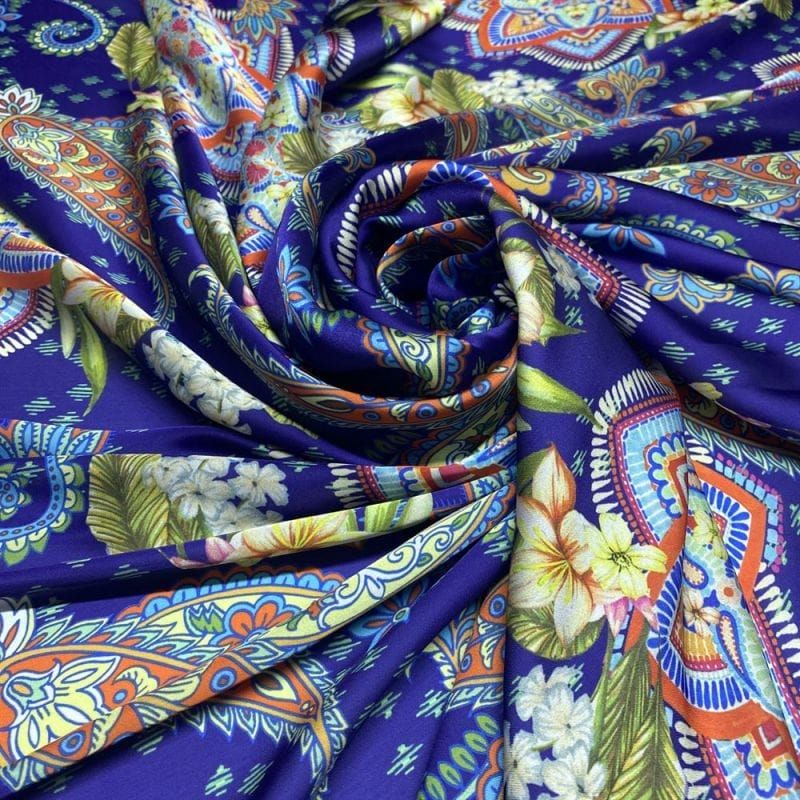 Cetim Toque de Seda Estampado Arabesco Azul • Luema Tecidos