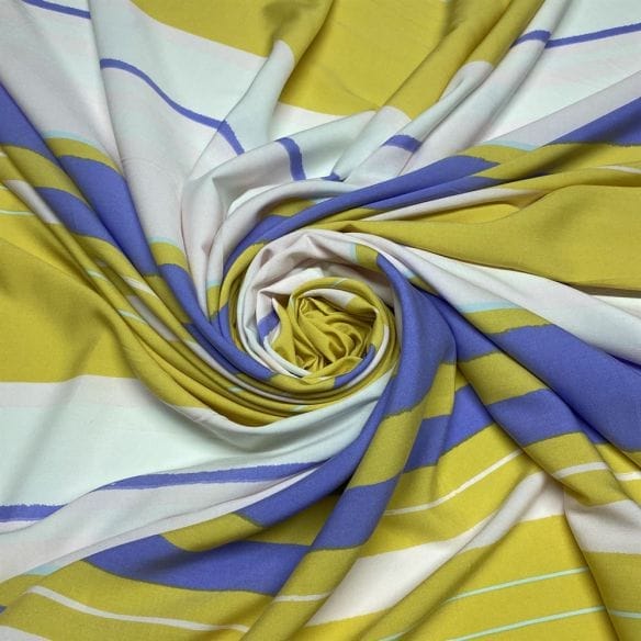 Viscose Listrada Tricolor Branco Amarelo e Azul • Luema Tecidos