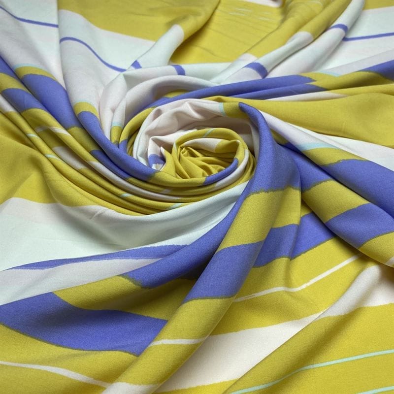Viscose Listrada Tricolor Branco Amarelo e Azul • Luema Tecidos