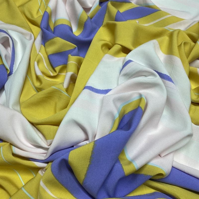 Viscose Listrada Tricolor Branco Amarelo e Azul • Luema Tecidos