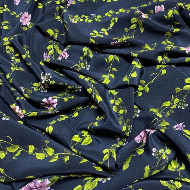Tecido Crepe de Chine Seda Pura Estampado Ramos • Luema Tecidos