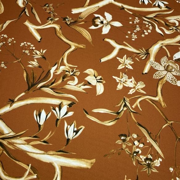 Crepe de Chine Floral Pássaros Marrom • Luema Tecidos Crepe de Chine Floral Pássaros Marrom • Luema Tecidos