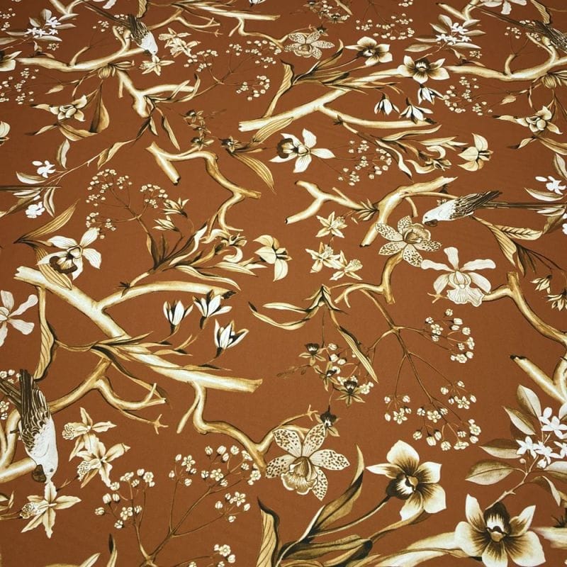 Crepe de Chine Floral Pássaros Marrom • Luema Tecidos Crepe de Chine Floral Pássaros Marrom • Luema Tecidos