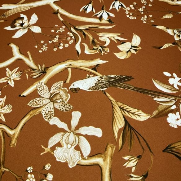 Crepe de Chine Floral Pássaros Marrom • Luema Tecidos Crepe de Chine Floral Pássaros Marrom • Luema Tecidos