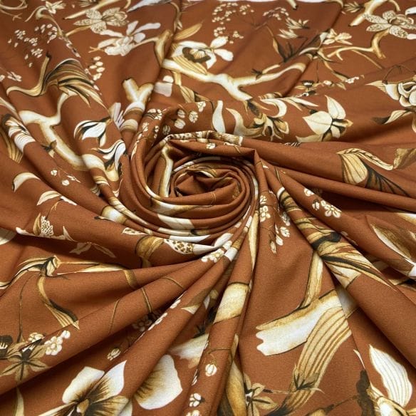 Crepe de Chine Floral Pássaros Marrom • Luema Tecidos Crepe de Chine Floral Pássaros Marrom • Luema Tecidos