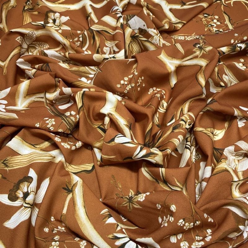 Crepe de Chine Floral Pássaros Marrom • Luema Tecidos Crepe de Chine Floral Pássaros Marrom • Luema Tecidos