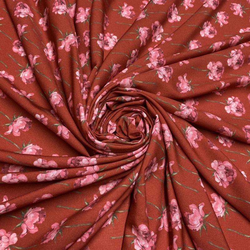 Viscose Estampada Floral Marrom • Luema Tecidos