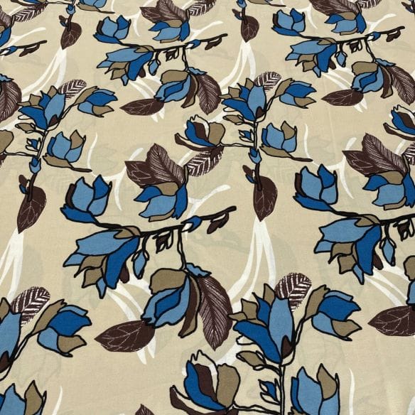 Crepe Viscose Estampada Bege e Azul • Luema Tecidos