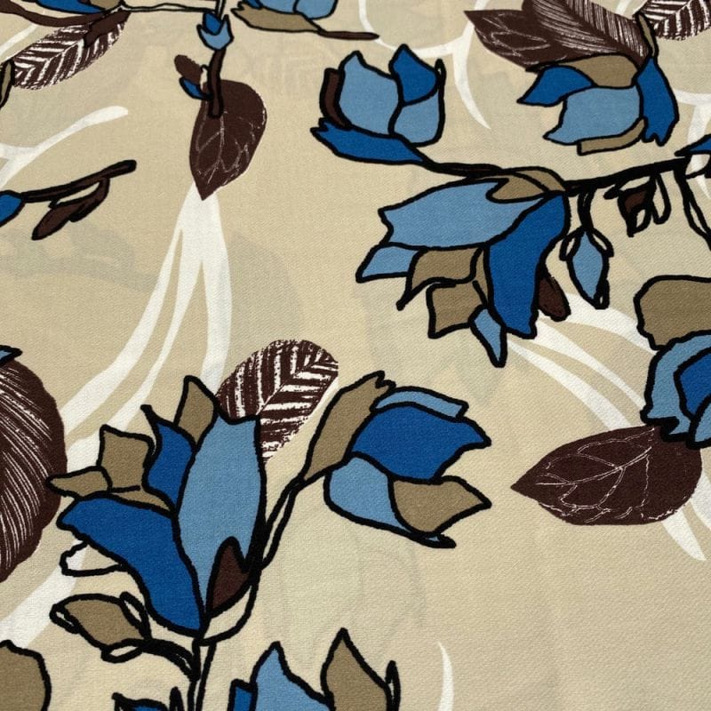 Crepe Viscose Estampada Bege e Azul • Luema Tecidos