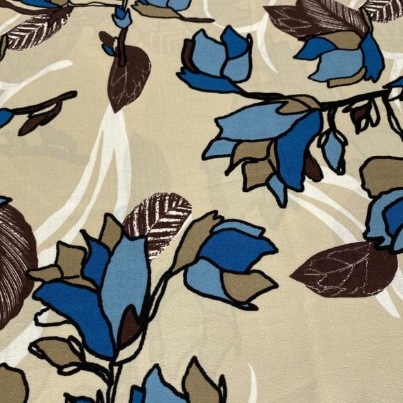 Crepe Viscose Estampada Bege e Azul • Luema Tecidos