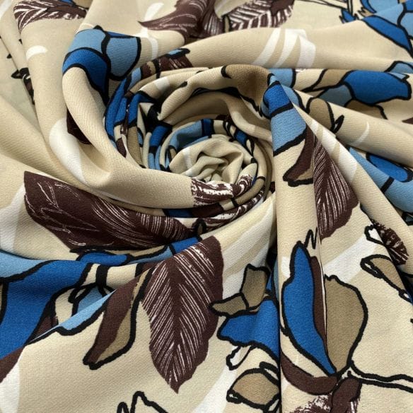 Crepe Viscose Estampada Bege e Azul • Luema Tecidos