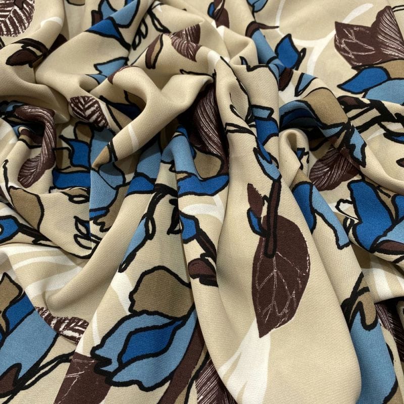 Crepe Viscose Estampada Bege e Azul • Luema Tecidos