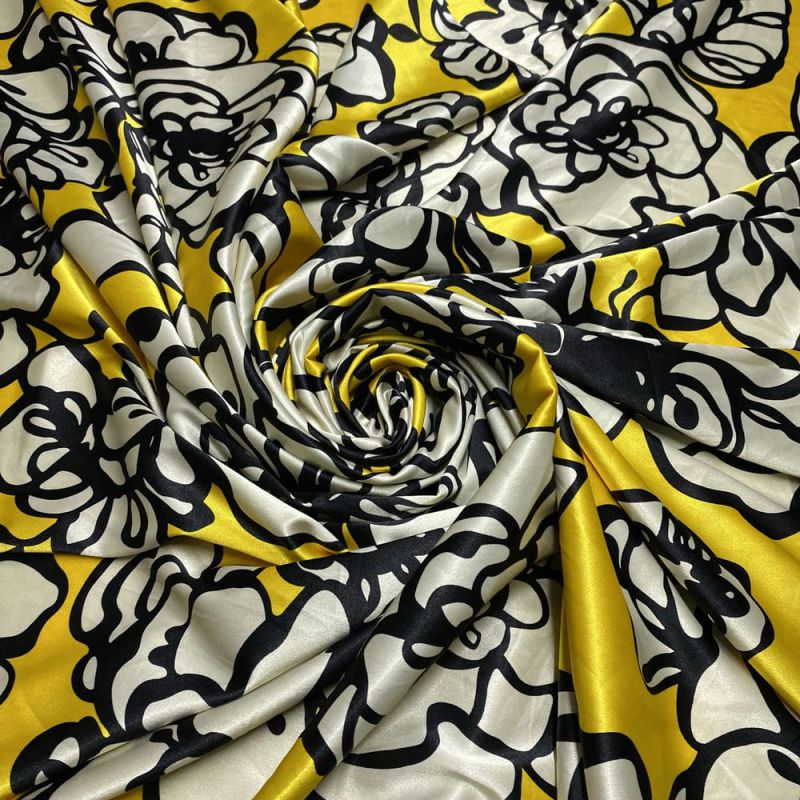 Tecido Cetim Estampado Floral Amarelo • Luema Tecidos