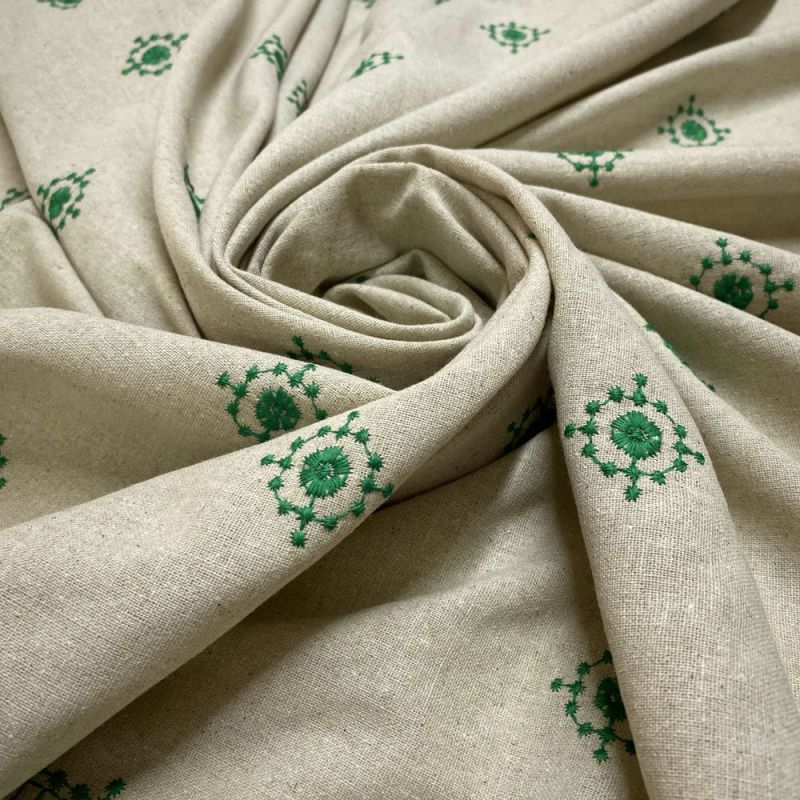Tecido Linho Misto Bordado Verde • Luema Tecidos