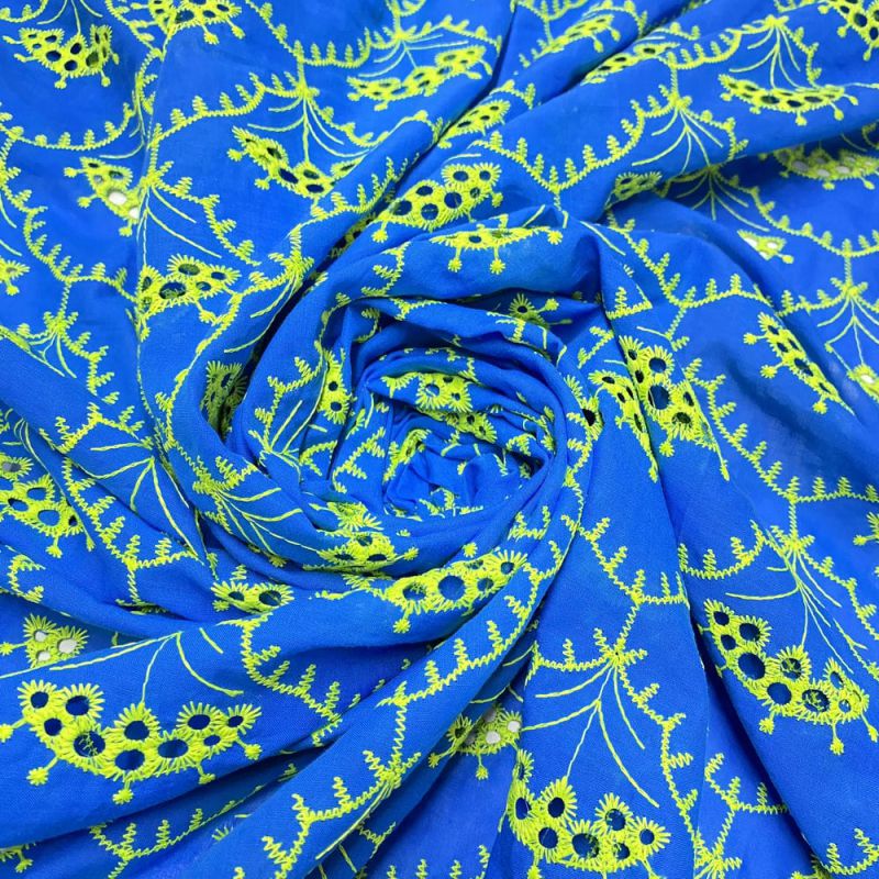 Tecido Laise de algodão Bordada Azul e Amarelo • Luema Tecidos