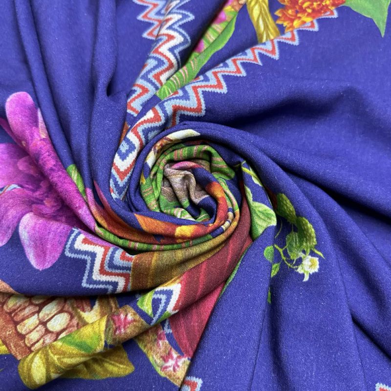 Tecido Viscose Floral Cacau Azul • Luema Tecidos