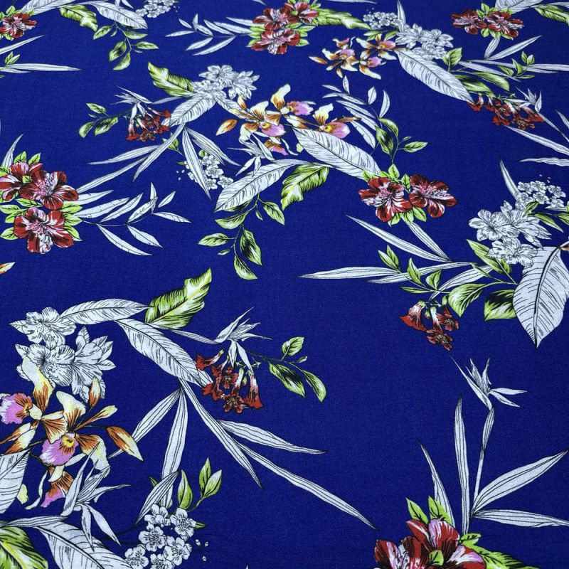 Tecido Viscose Barrado Floral Fundo Azul • Luema Tecidos