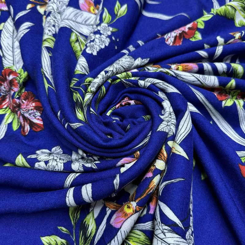 Tecido Viscose Barrado Floral Fundo Azul • Luema Tecidos