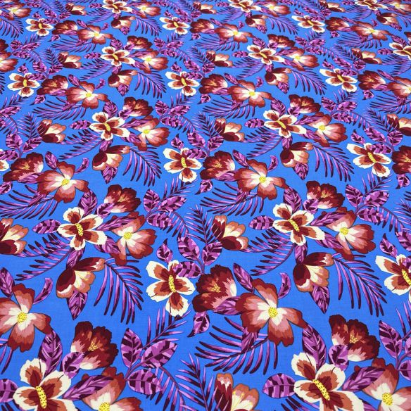 Tecido Viscose Estampada Tropical Azul • Luema Tecidos