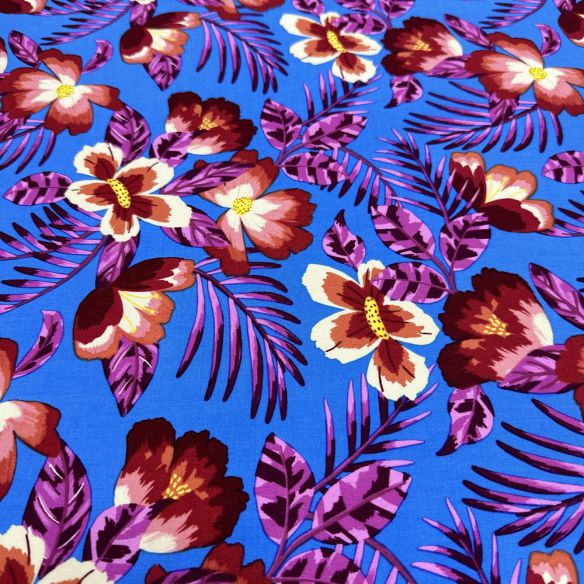 Tecido Viscose Estampada Tropical Azul • Luema Tecidos