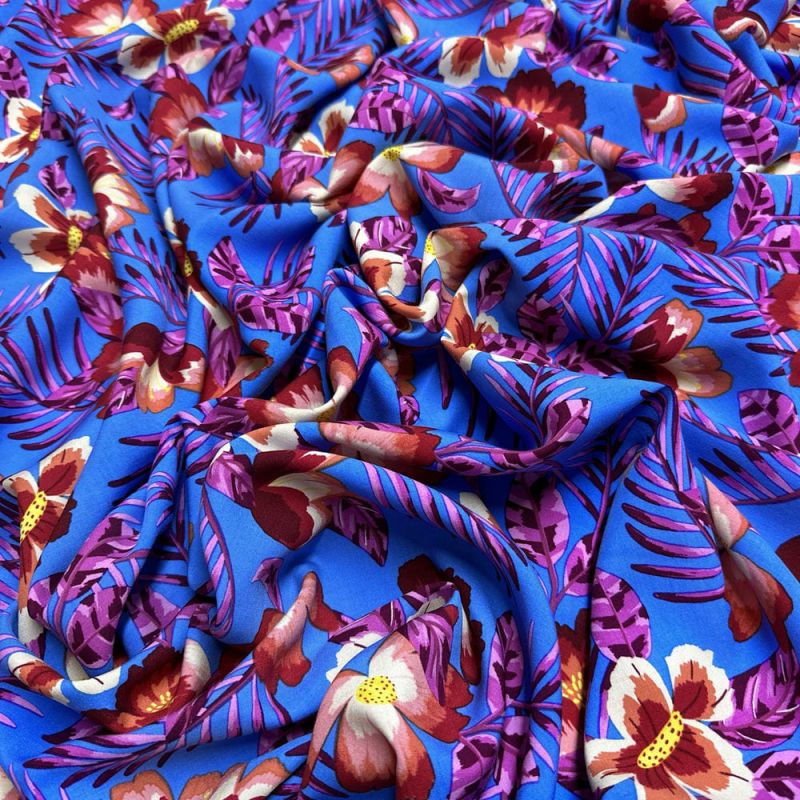 Tecido Viscose Estampada Tropical Azul • Luema Tecidos
