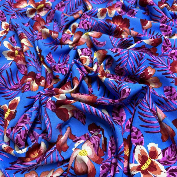 Tecido Viscose Estampada Tropical Azul • Luema Tecidos