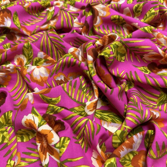 Tecido Viscose Estampada Tropical Rosa • Luema Tecidos Tecido Viscose Estampada Tropical Rosa • Luema Tecidos