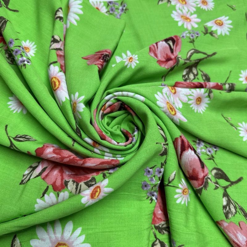 Tecido Viscolinho Flores Fundo Verde • Luema Tecidos