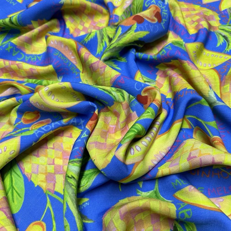 Tecido Viscolinho Estampado Frutas Tropical • Luema Tecidos