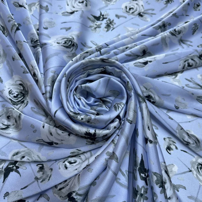 Tecido Cetim Estampado Floral Azul Céu • Luema Tecidos