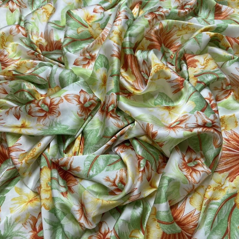 Tecido Cetim Estampado Floral Tropical • Luema Tecidos
