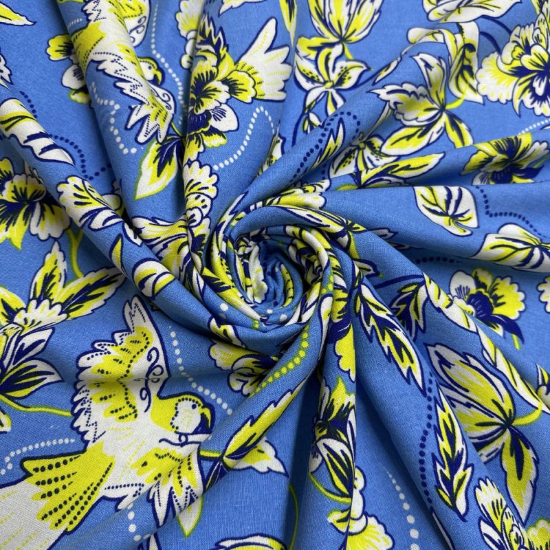 Tecido Linho Misto Floral Amarelo e Azul • Luema Tecidos