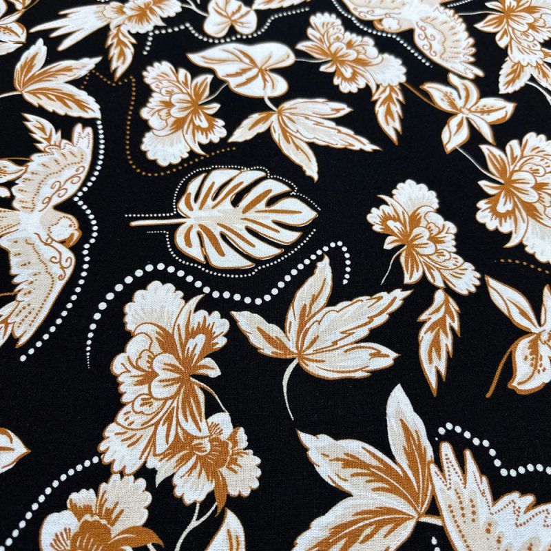 Tecido Linho Misto Floral Branco e Bege • Luema Tecidos