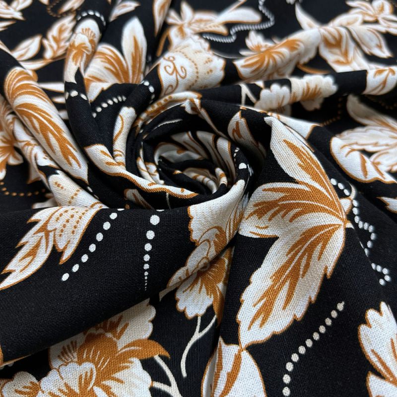 Tecido Linho Misto Floral Branco e Bege • Luema Tecidos