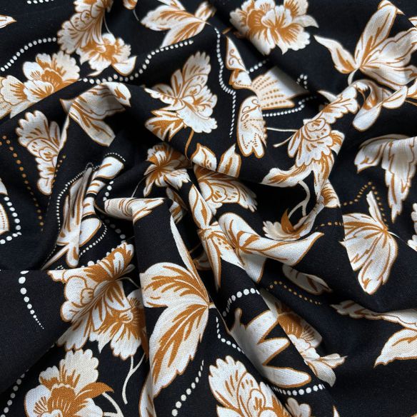 Tecido Linho Misto Floral Branco e Bege • Luema Tecidos