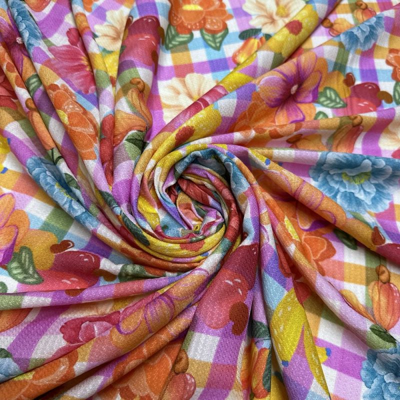 Tecido Viscolinho Xadrez Floral Colorido • Luema Tecidos
