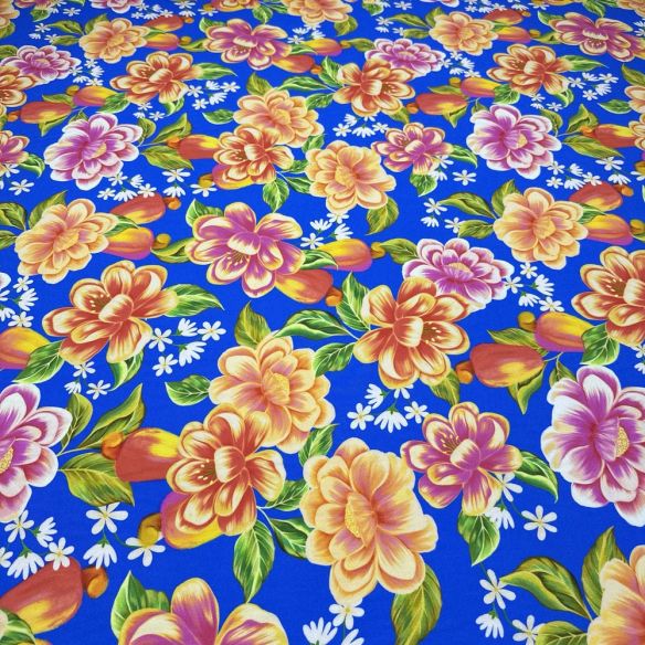 Tecido Viscose Floral Colorido Fundo Azul • Luema Tecidos