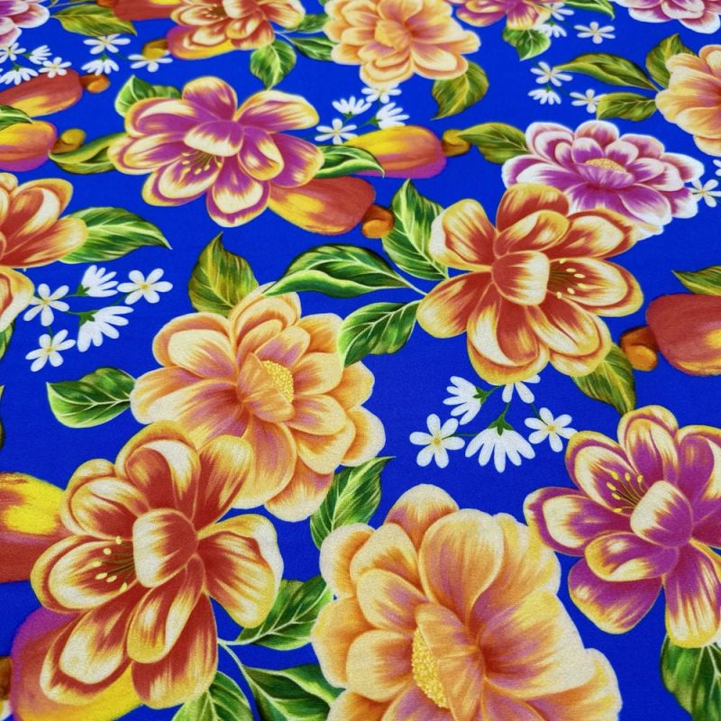 Tecido Viscose Floral Colorido Fundo Azul • Luema Tecidos